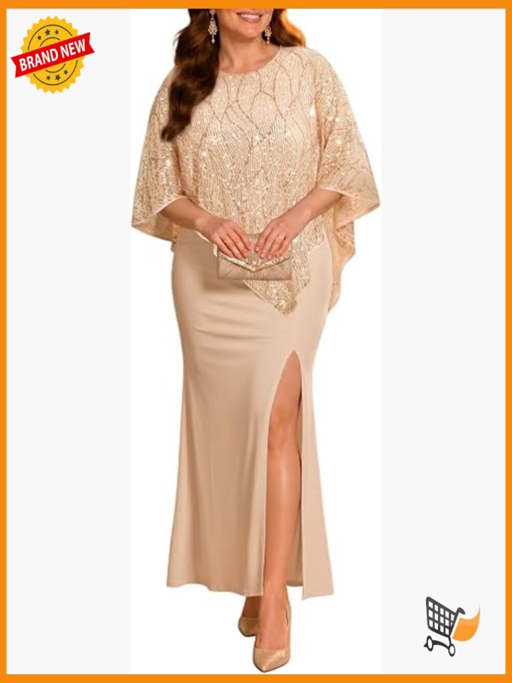 Plus size mermaid formal gown with sequin overlay cape